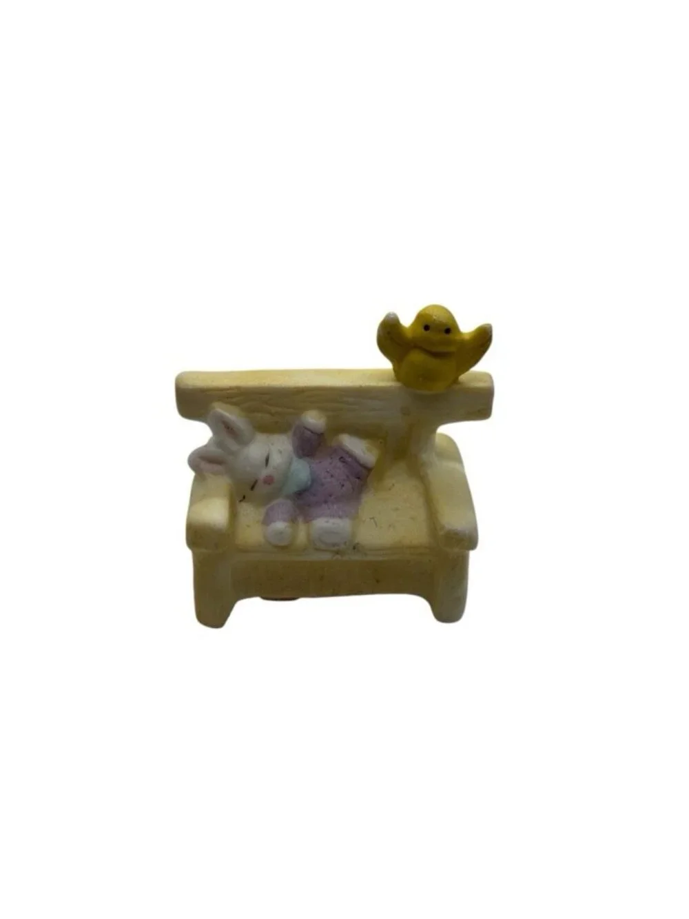 Vintage Easter Bunny Bench Figurine Sleeping Rabbit Chick Resin Mini Decor